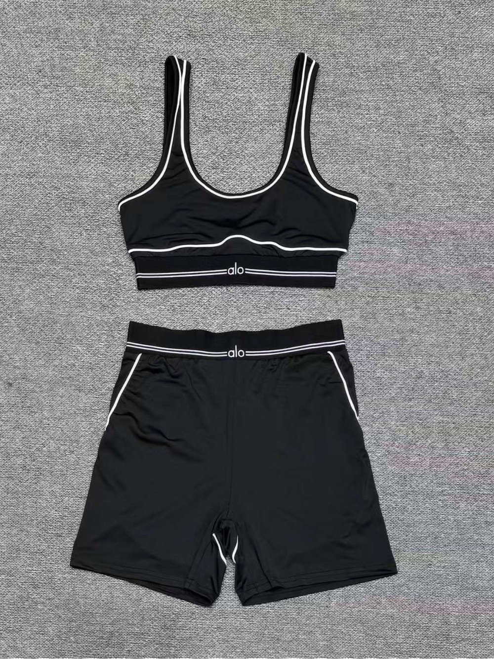 ALO Yoga Black & White Striped Trim Sports Bra and Shorts Set